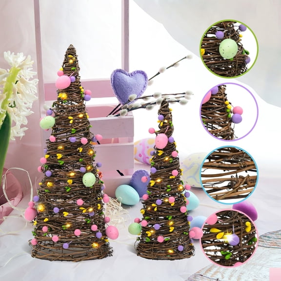 Easter Decorations 2-Pack, Artificial Vine Tabletop Tree With Led Lights, Egg & Berry Accents, Festive Home Office Desktop Ornament For Spring Holiday Decor