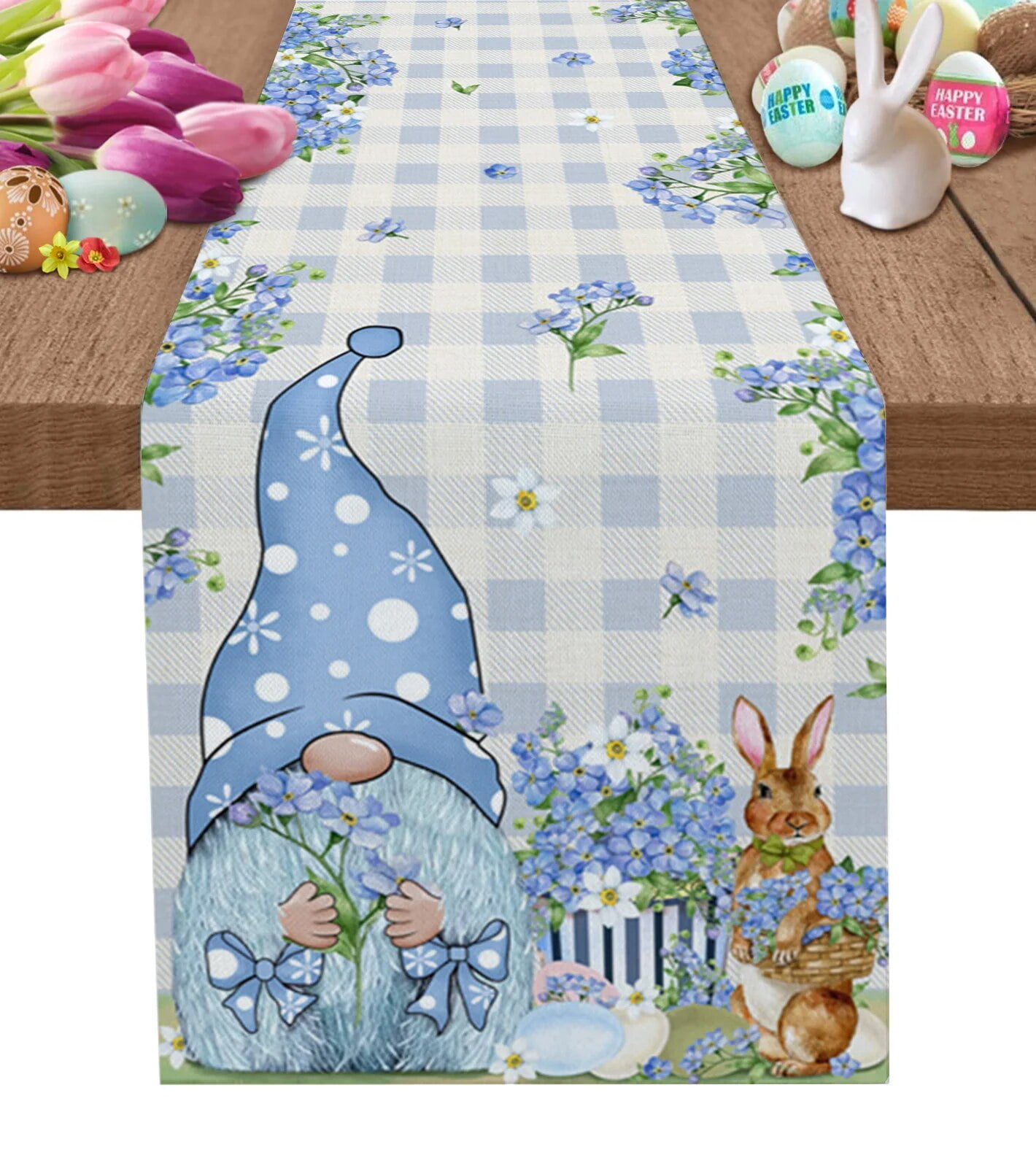 Easter Decorations 2024 Easter Bunny Blue Flower Dwarf Egg Table Runner