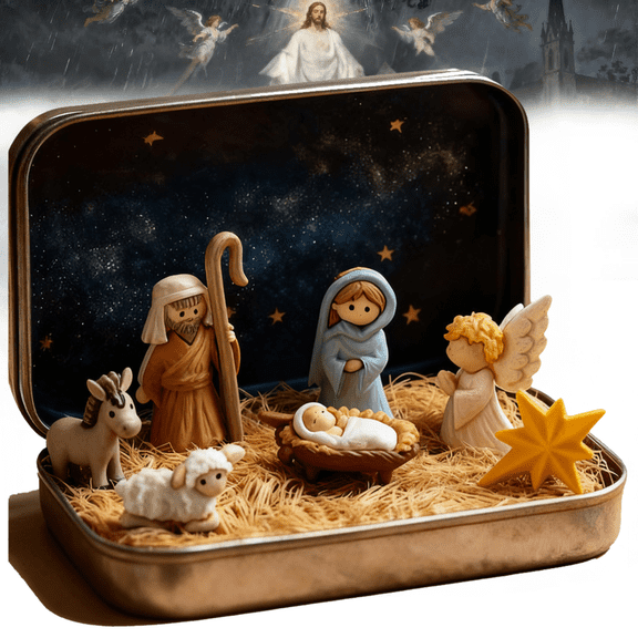 Easter Decorations 2026 - Mini Christmas Nativity Set In Tin Box Jesus Birth Scene Figurines Decoration for Tabletop Party Office Decor & Christian Holiday Gifts(1PCS)