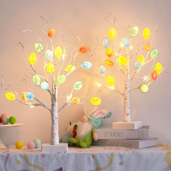 Easter Decorations, 22" Easter Tree Lighted Tabletop with 36 Cracked Egg, Easter Egg Tree for Spring Decoration, 2PK Pre-lit White Birch Tree for Indoor Home Decor, USB and Battery Powered