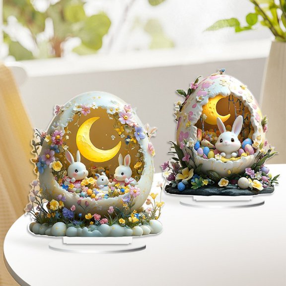 Easter Decorations 2D Acrylic Bunny Figurine with Colorful Egg Design, Cute Flat Standing Rabbits moon Desktop Ornament for Spring Party Table Centerpiece, Easter Decor for Home 1Pcs B
