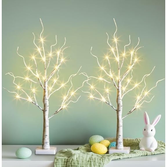 Easter Decorations, 2FT Birch Tree with LED Lights, Warm White Light up Tree Lamp, Easter Tree for Home Table Inside, Easter Decor Indoor, Battery Powered, Timer (2PK)