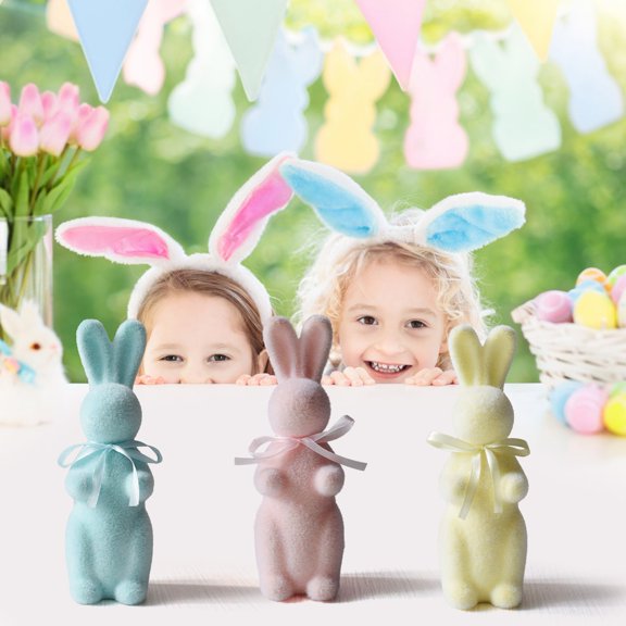 Easter Decorations - 3 Pack Pastel Flocked Bunny Kit - Spring Table Centerpieces Indoor Decor - Bunnies Decoration Set for Home & Party
