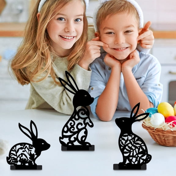 Easter Decorations 3D Acrylic Tabletop Decor Bunny Egg Design Hollow Ornament for Home Office Holiday Party(Black-3pc)
