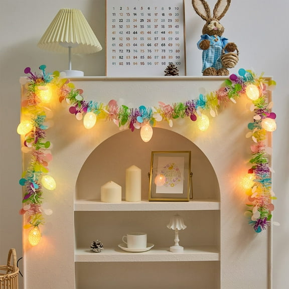 Easter Decorations 6.5FT 10LED Easter Garland with Egg String Lights Indoor Outdoor Glitter Tinsel Spring Garland Hanging Pastel Easter Lights Garland for Home Spring Patio Garden Party Decor