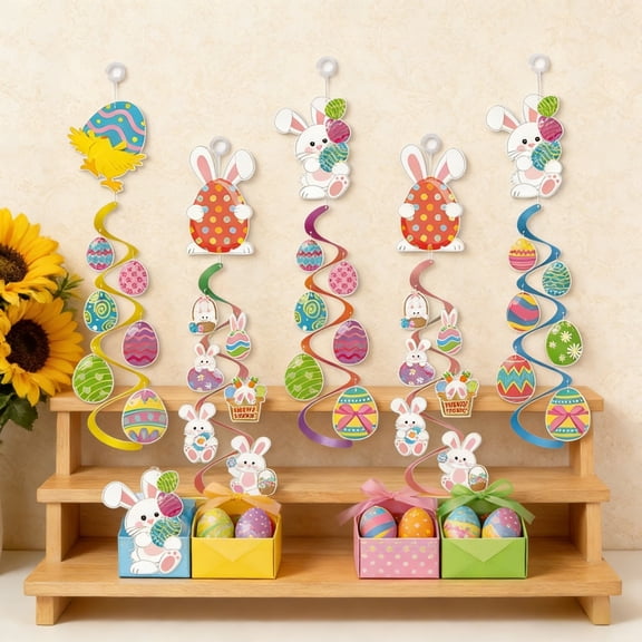 Easter Decorations 6 Piece Easter Spiral Paper Hanging – Bunny & Egg Themed Ceiling/Wall Festive Swirl For Easter Parties Home & Classroom Events Ideal For Ea Hangs 19.7"X19.7"