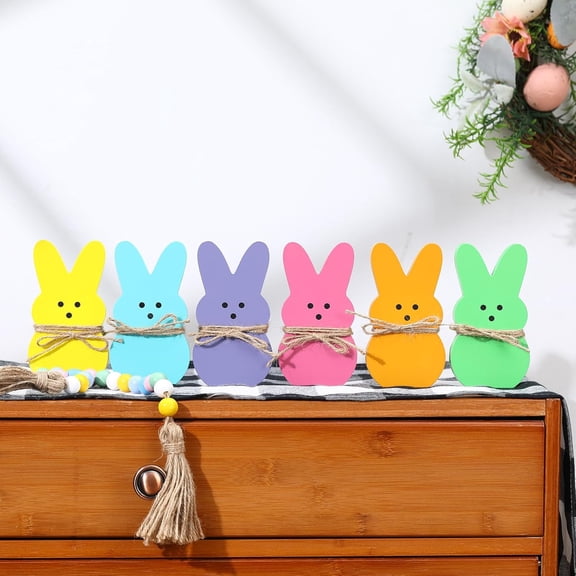 Easter Decorations- 6PCS Wooden Peeps Bunny Sign-Easter Bunny Decor for Spring Home Shelf Mantel Fireplace Table Windowsill Party Decor$$Home Decor, Kitchen, & Other