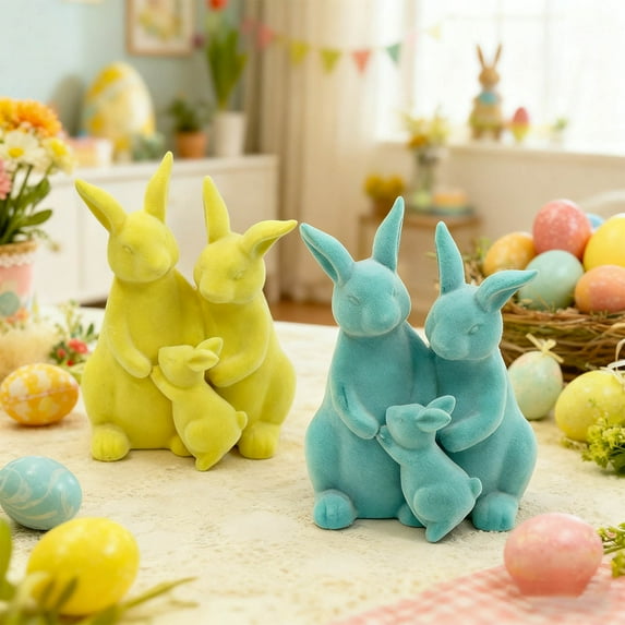 Easter Decorations - 8.66Inch Pastel Flocked Easter Bunny Figurine with Bowtie,Mini Rabbit Sculpture for Spring Courtyard Lawn Garden Tabletop Home Party Decor & Easter Gift