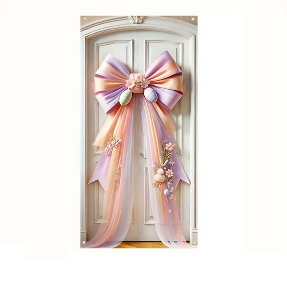 Easter Decorations Bunny Basket Door Banner Front Door Wreath with Faux Eggs Floral Accents and Decorative Bow for Spring Home Decor 02-white