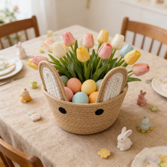 Easter Decorations Bunny Ear Woven Storage Basket, Cute Easter Basket Desktop Organizer, Makeup Key Snack Easter Gifts Container for Home Table and Easter Decoration