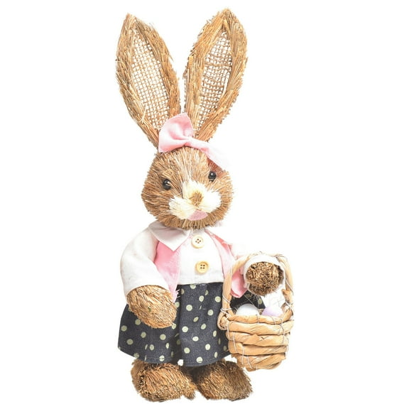 Easter Decorations Bunny Easter Straw Bunny Figurines Cute Rabbit Holding Carrot Straw Rabbit Decor Statue for Home Farmhouse Office Kitchen Spring Tabletop Decoration