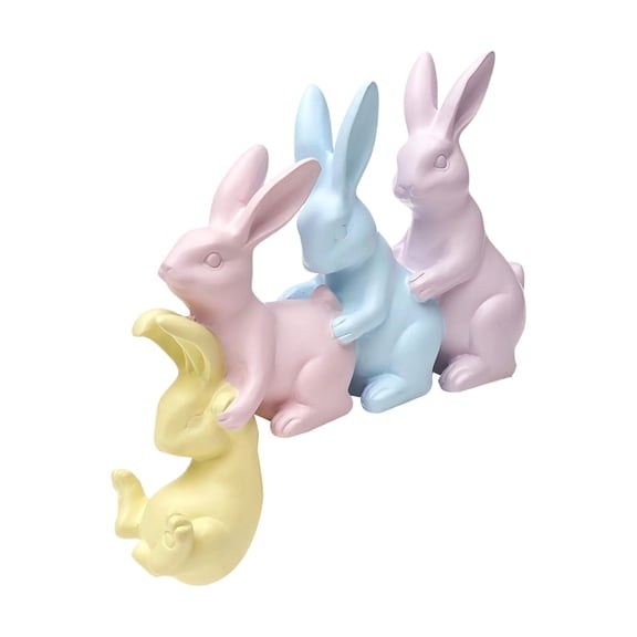 Easter Decorations Bunny Figurines, 4PC Set Whimsical Hand-Painted Resin Rabbit Garden Statues for Indoor Outdoor Lawn, Tabletop Centerpiece Home Office Party Decor