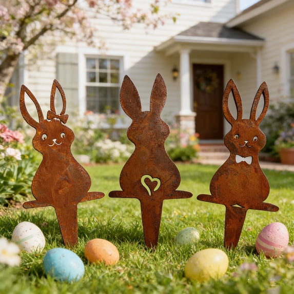 Easter Decorations Bunny Garden Stake Rabbits Ground Metal Iron for Outdoor Yard Patio Holiday Decor and Spring Display