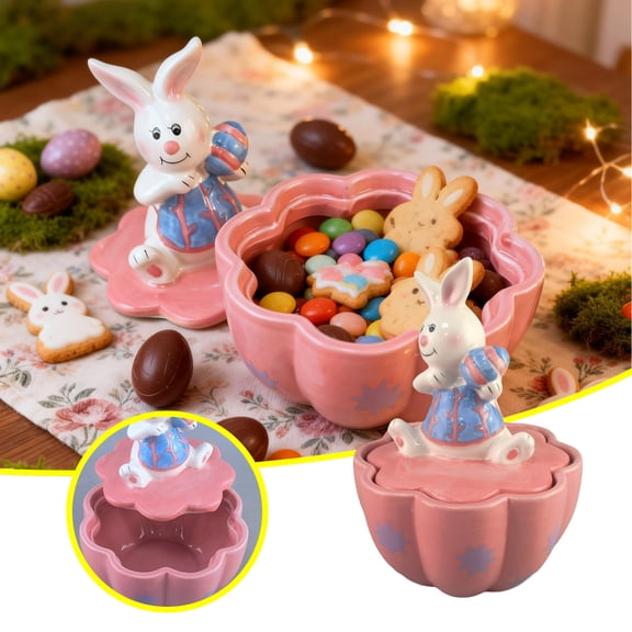 Easter Decorations Ceramic Rabbit Cookie Jar Animal Figurine Candy Storage Container Desktop Ornament Easter Themed Design Features a Ceramic Rabbit with Delicate Floral Patterns for Easter
