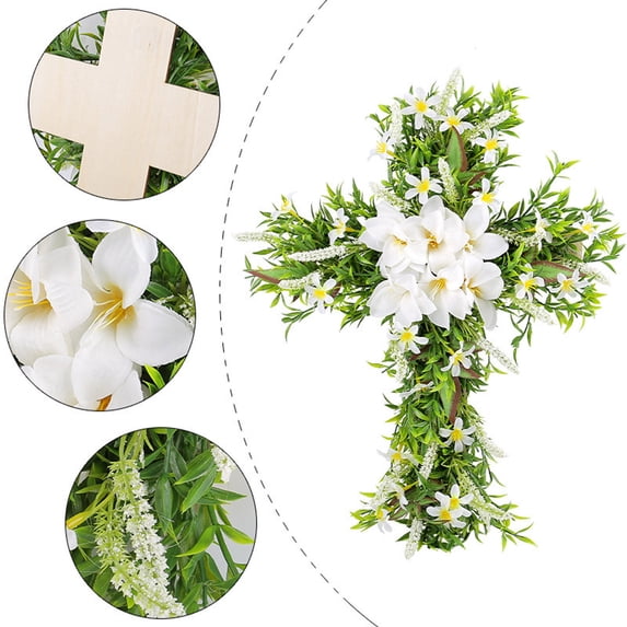Easter Decorations Crosses Wreath for Home Front Door 20in Artificial Spring Easter Wreath Religious Crosses Sign Christian Easter Decor (Flowers)