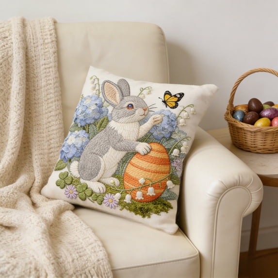 Easter Decorations Cute Rabbit Embroidered Pillowcase Animal and Egg Patterned Pillowcase Square Pillow Cover Soft Easter Sofa Decoration for Home