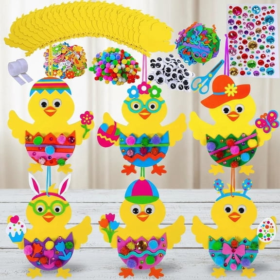 Easter Decorations DIY 3D Chick Hatching from Egg Ornaments Craft Kits Foam Stickers Pom-poms Googly Eyes for Party Favors Spring Classroom Activity Art Project