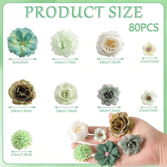 Easter Decorations DIY Multi Color Artificial Flower Set 80pcs, Light and Dark Blue Faux Roses and Small Blooms, Forest Fairy Hair Accessories for Easter Wreaths, Green
