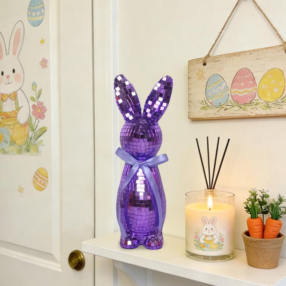 Easter Decorations Disco Ball Bunny,Sparkling Bunny Decor,Mirror Finish Disco Rabbit Ornament for Table,Home & Party,Easter Rabbit Decorations (Purple)
