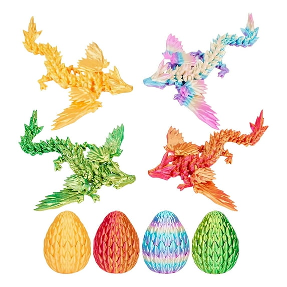 Easter Decorations Dragon Toys 3D Printed Articulated Crystal Dragons with Eggs, Easter Egg Basket Stuffers Home Decoration Desk Toys Figures for Adults , 4PCS