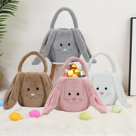 Easter Decorations Easter Bunny Basket Personalized Brown Plush Easter Egg Basket With Long Ears Soft Tote Bags for Easter Egg Hunt Candy & Gift Storage,Holiday Party Favors & Daily Use