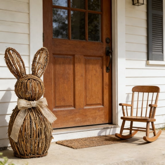 Easter Decorations,Easter Bunny Figurine with Handcrafted Wicker-Style Design,Rustics Rattan Woven Rabbit Statue Tabletop Centerpiece Decor For Spring Home Garden Yard Porch Front Door Decor