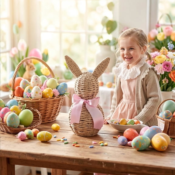 Easter Decorations,Easter Bunny Figurine with Handcrafted Wicker-Style Design,Rustics Rattan Woven Rabbit Statue Tabletop Centerpiece Decor For Spring Home Garden Yard Porch Front Door Decor