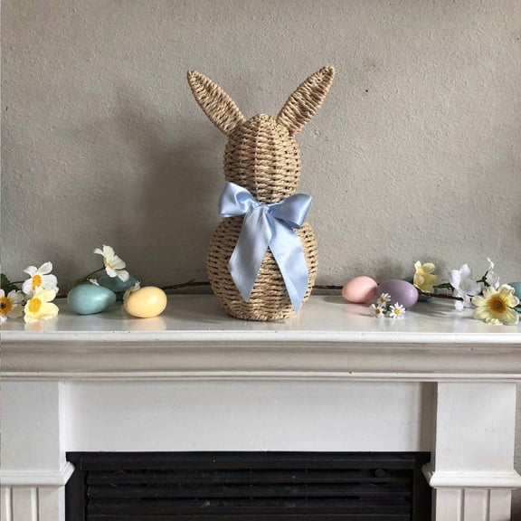 Easter Decorations,Easter Bunny Figurine with Handcrafted Wicker-Style Design,Rustics Rattan Woven Rabbit Statue Tabletop Centerpiece Decor For Spring Home Garden Yard Porch Front Door Decor