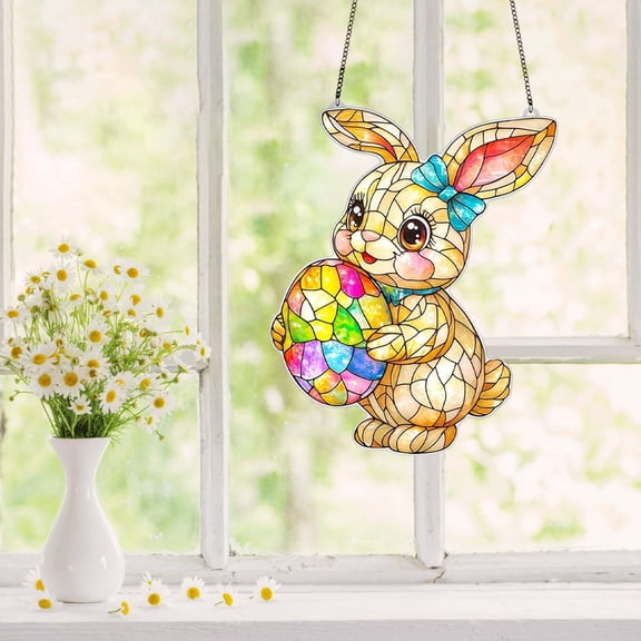 Easter Decorations,Easter Bunny Hanging Ornament,Colorful 2D Acrylic Easter Egg And Bunny Window Hanging Decor for Spring Holiday Tree Window Party Indoor Outdoor Festive Decoration