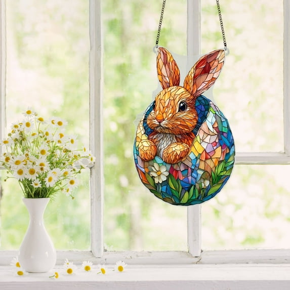 Easter Decorations,Easter Bunny Hanging Ornament,Colorful 2D Acrylic Easter Egg And Bunny Window Hanging Decor for Spring Holiday Tree Window Party Indoor Outdoor Festive Decoration