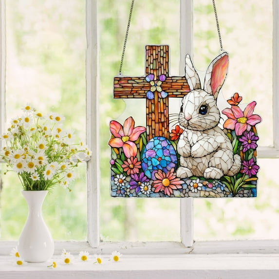 Easter Decorations,Easter Bunny Hanging Ornament,Colorful 2D Acrylic Easter Egg And Bunny Window Hanging Decor for Spring Holiday Tree Window Party Indoor Outdoor Festive Decoration