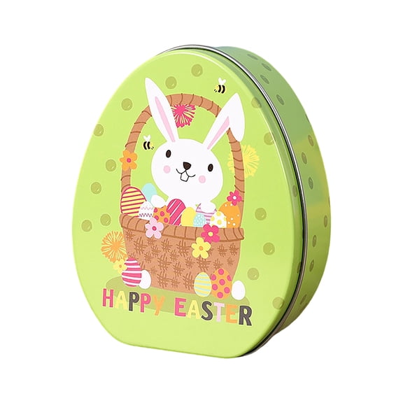 Easter Decorations, Easter Cartoon Bunny Metal Tin Box, Tinplate Can, Easter Egg-shaped Flat Candy Box