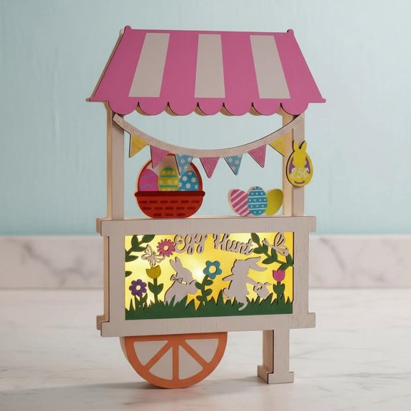 Easter Decorations, Easter Decor with LED Light, Lighted Egg Hunt Booth Decor for Table, Wooden Bunny Decorations for Home Decor Shelf Tiered Tray Living Room