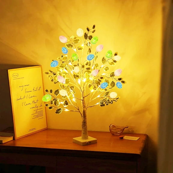 Easter Decorations, Easter Egg Tree for Home Decor, Lighted Tabletop Tree with 24 Multicolor Painted Eggs, Artificial Tree Decor for Spring Party, Bedroom, Classrooms (White)