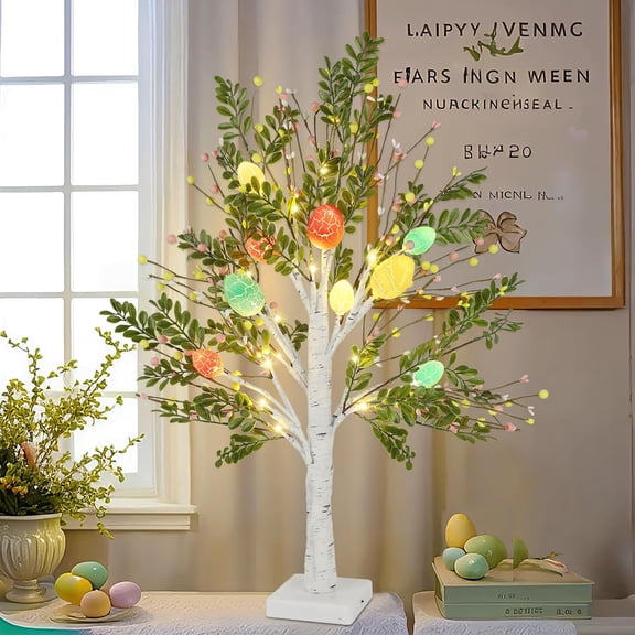 Easter Decorations, Easter Egg Tree for Home Decor, Lighted Tabletop Tree with 24 Multicolor Painted Eggs, Artificial Tree Decor for Spring Party, Bedroom, Classrooms (White)