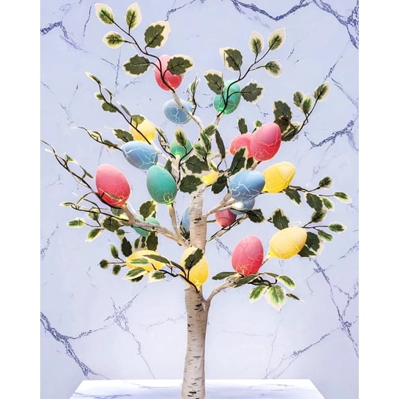 Easter Decorations, Easter Egg Tree for Home Decor, Lighted Tabletop Tree with 24 Multicolor Eggs, Artificial Tree Decor for Party,Festival (White)
