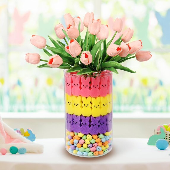 Easter Decorations, Easter Peeps Decor, 16Pcs Artificial Tulips with 48 Bunnies 100 Pcs Eggs Vase Filler Set, Perfect Spring Decor for Home, Table & Centerpieces, Pink