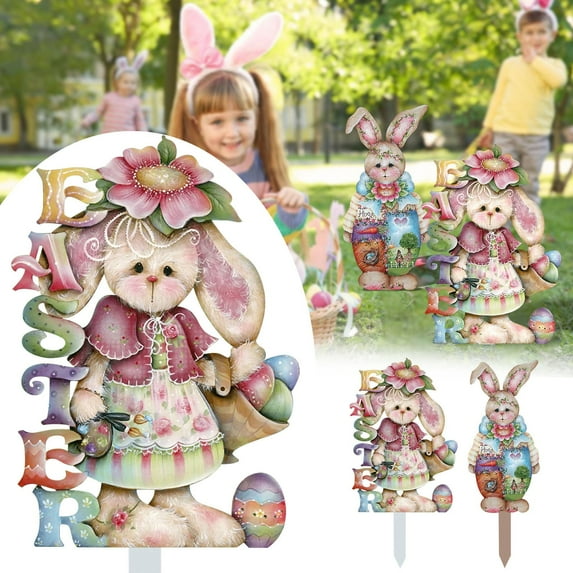 Easter Decorations- Easter Spring Decorative Easter Stakes Rabbit Decor Metal Bunny Outdoor Stake Ornaments Yard Sign Decoration Garden Card Slot