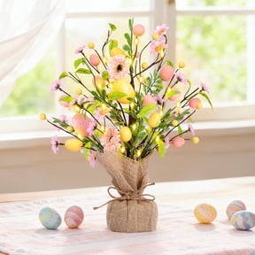 Easter Decorations, Easter Tree with 10pcs Eggs Ornaments, Lighted White Birch Tree with LED String Light, Twig Tree Table Centerpiece Spring Decorations for Home Tabletop Centerpiece (6.5FT/20 LED)