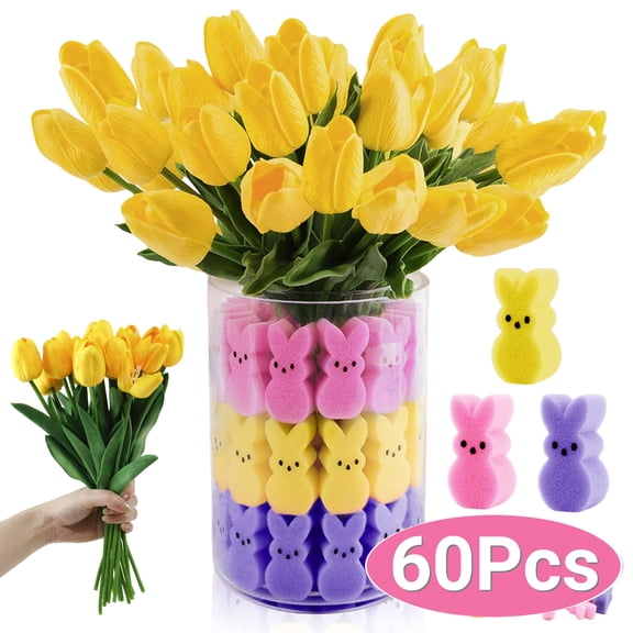 Easter Decorations Easter Vase Filler Sponges Bunny Centerpieces Spring Decor with Fake Tulips for Table Setting Home Office 60Pcs