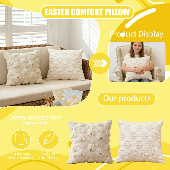 Easter Decorations Embroidered Bunny Throw Pillow Covers Decorative Cushion Covers Sofa Pillowcases Solid Color Bed Pillow Covers Headrest Covers Home Decor 18x18 Inch Beige Size:L