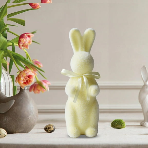 Easter Decorations Foam Bunny Figurine with Bow Tie,7.8" Lightweight Flocking Rabbit Tabletop Ornament,Spring Centerpieces Indoor Bunny Decor for Home Office Party Supplies Gifts