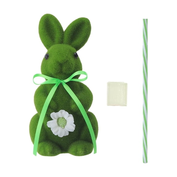 Easter Decorations Green Flocked Bunny Figurines with Bow Tie, for Spring Easter Home Office Party Table Centerpiece Decoration(Including Straws)