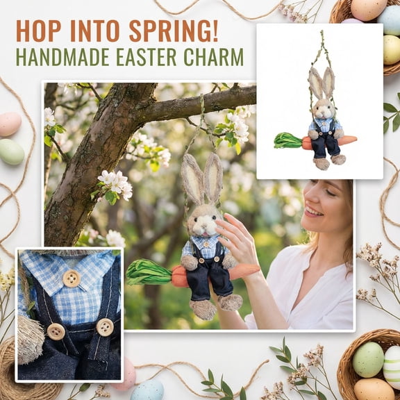 Easter Decorations Handmade Straw Rabbits on Swing Figurine - 25.6" Spring Bunny Decorative Statue for Home Table Centerpiece, Easter Decor Gifts for Adults, Rustic Home Easter Bunny Ornament B