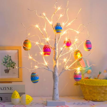Easter Decorations for Home, 2FT 24LT Egg Tree Lighted with Battery Powered and Timer, Lighted Easter Trees Decor, Pre-lit White Birch Tree for Party Spring Decor