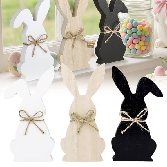Easter Decorations for the Home, 3 pcs Easter Bunny Wooden Table Centerpiece Signs Rustic Tiered Tray Farmhouse Decor for Gifts, Black, White, Natural Wood Color