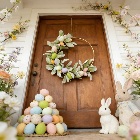 Easter Decorations For Home Easter Front Door Wreath With Colored Egg Spring Assorted Tree Decorations Colorful Indoor Outdoor Home Decor Patio Porch Bunny Decor Easter Egg Decoration
