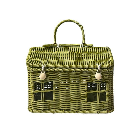 Rattan House Shaped Basket With Lid, Decorative Hand Woven Shelf Organizer With Folding Handle, Harvest Wicker Basket For Picnics, Easter, Organizing, Storage Coffee