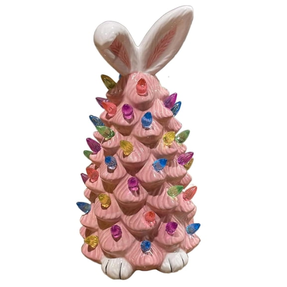 Ceramic Easter Bunny Tree Tabletop, Glowing Bunny Tree Figurines Lighted Easter Bunny Decorations with Colorful Lamp, Tabletop Bunny Rabbit Tree for Spring Easter Holiday Decor