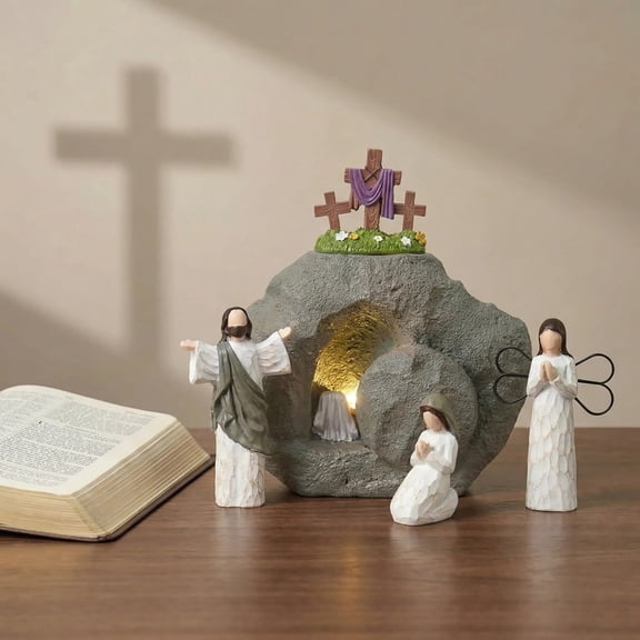 Easter Decorations for Home  Resurrection Scene Set with Empty Tomb & Cross Shaped Resin Table Decor, Jesus Statue Set, Christian Easter Table Decorations & Mantel Decorations